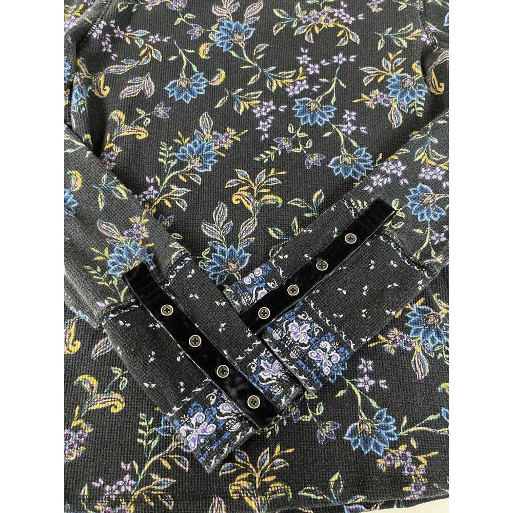Sundance Loretta Thermal Waffle Knit Tee Long Sleeve Black Wildflower Floral M - Picture 9 of 14